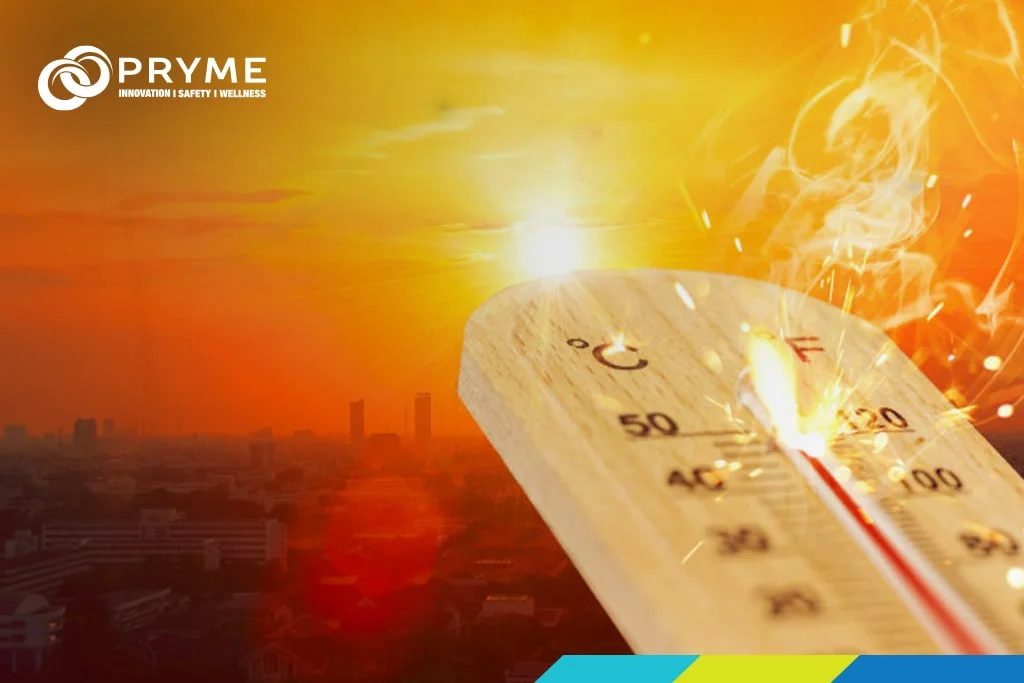 Thermometer showing extreme heat under a blazing sun, highlighting workplace heat stress risks – Pryme Australia.