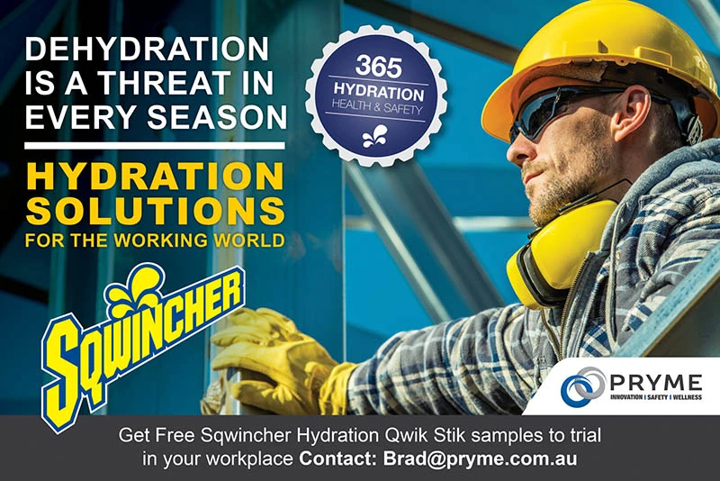 Worker wearing safety gear drinking Sqwincher hydration, promoting year-round hydration solutions by Pryme Australia.