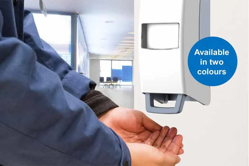 Hands using Greven acrylic sanitiser dispenser available in two colours, Pryme Australia workplace hygiene.