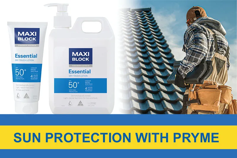 Sunscreen bottle on construction site promoting sun protection during National Skin Cancer Week in Australia by Pryme.