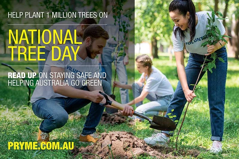 Volunteers planting trees for National Tree Day with focus on safety and sustainability by Pryme Australia