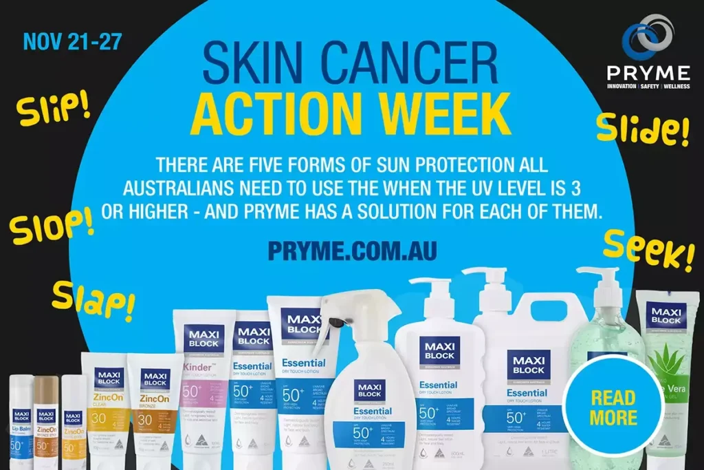 Pryme campaign graphic promoting sun protection awareness with Maxiblock sunscreen range for Australian workers.