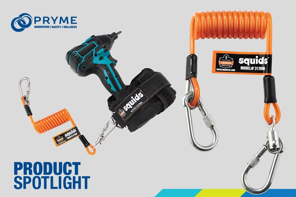 Ergodyne Squids coiled lanyard and tool tethering gear featured in Pryme product spotlight.