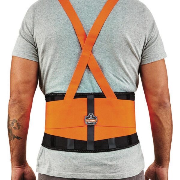 Ergodyne ProFlex 1000 back support belt in hi-vis orange for enhanced visibility and back protection at work.