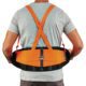 Rear view of Ergodyne ProFlex 1000 back support belt with hi-vis orange suspenders and elastic stretch panels.