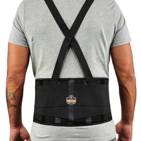 Rear view of Ergodyne ProFlex 1000 black back support belt showing cross-back suspenders and elastic support panels.