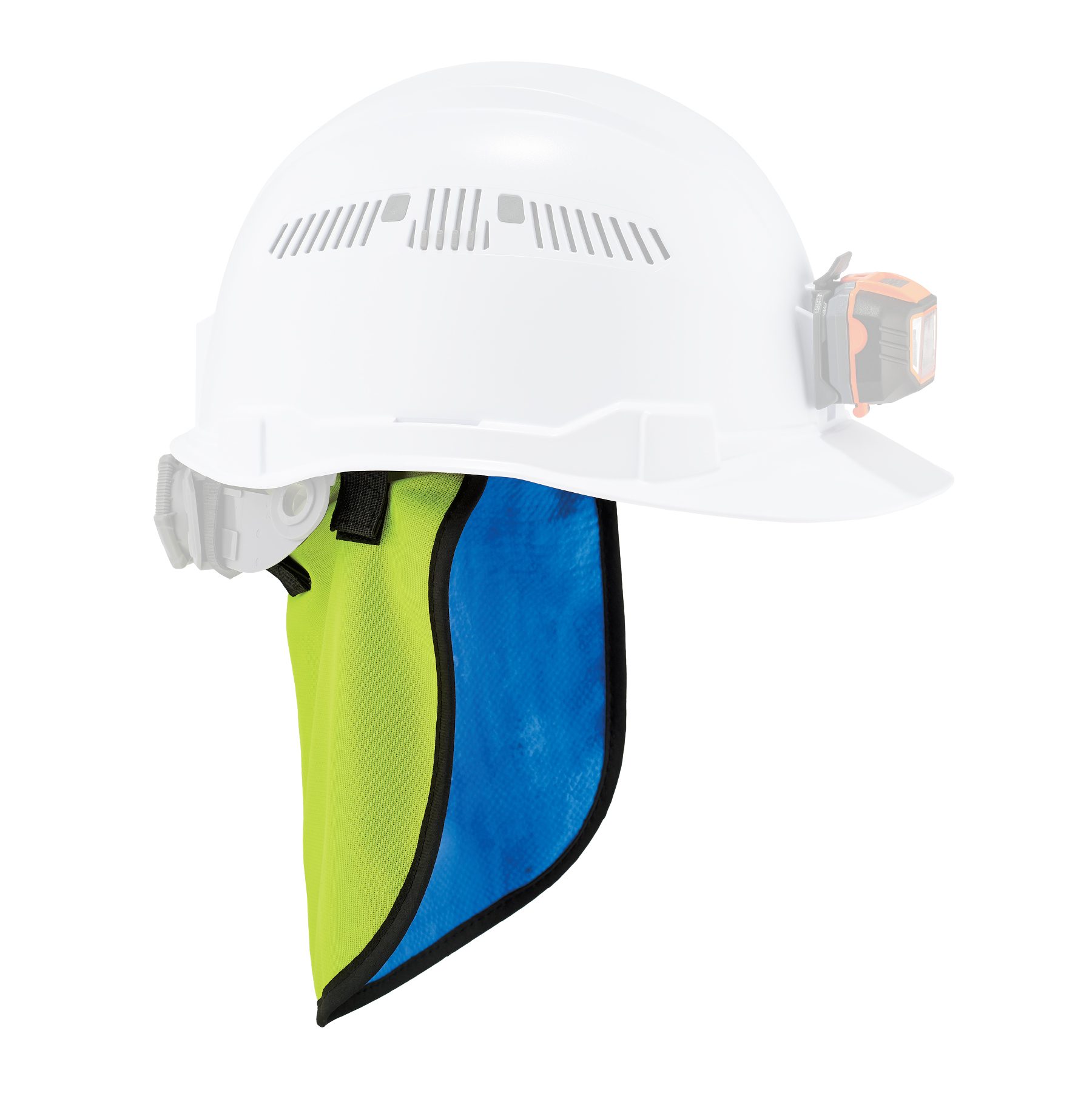 12526-6670ct-hard-hat-neck-shade-lime-on-hard-hat.jpg Ergodyne Chill-Its high-visibility lime neck shade with blue inner cooling fabric attached to hard hat.