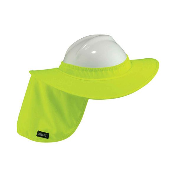 Bright yellow Ergodyne hard hat shade with long back flap for UV and heat protection on worksites.