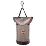 Ergodyne Arsenal 5974 gray hoist bucket with zippered top, reinforced base, and carabiner strap for lifting tools.