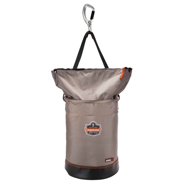Ergodyne Arsenal 5974 gray hoist bucket with zippered top, reinforced base, and carabiner strap for lifting tools.