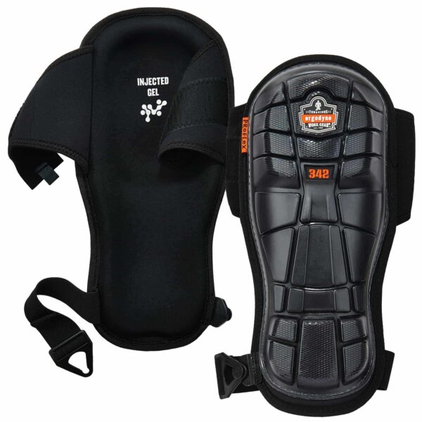 Pair of Ergodyne Proflex 342 knee pads showing outer hard shell and inner injected gel lining.