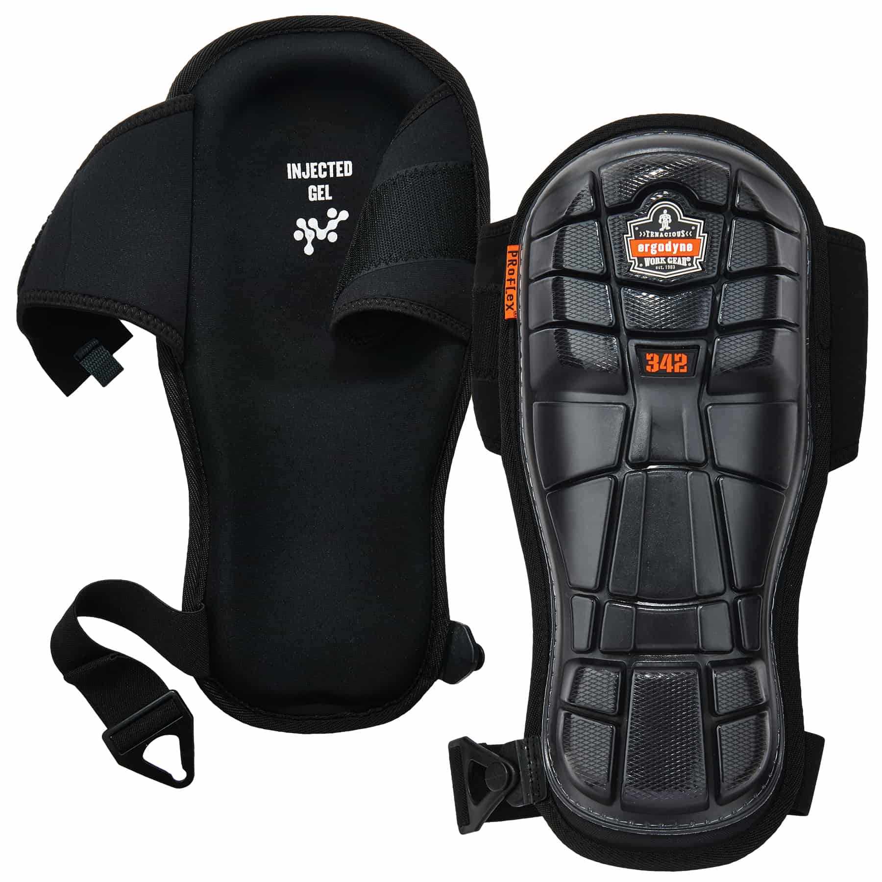18442-342-extra-long-cap-injected-gel-knee-pads-paired.jpg Pair of Ergodyne Proflex 342 knee pads showing outer hard shell and inner injected gel lining.