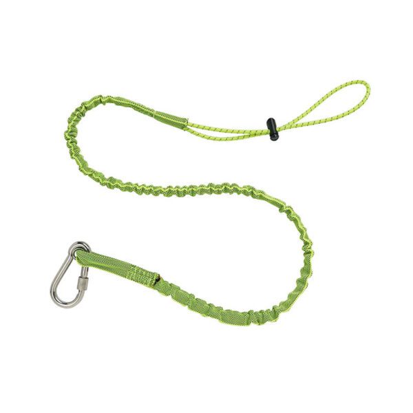 Ergodyne Squids lime green stretch bungee lanyard with adjustable loop and carabiner for dropped object prevention.