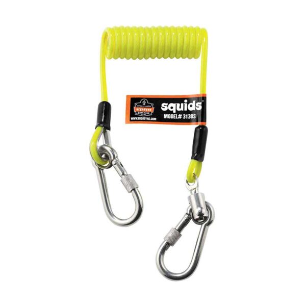 Ergodyne Squids 3130S yellow coiled tool tether with dual carabiners for securing hand tools up to 10lbs.