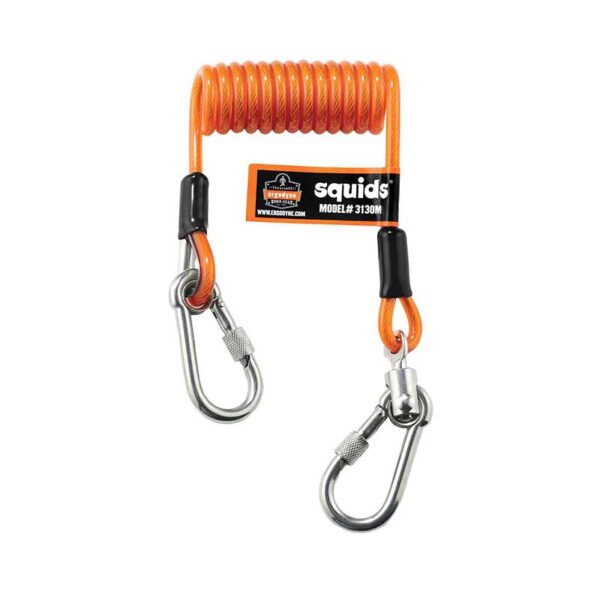 Ergodyne Squids 3130M orange coiled tool tether with dual locking carabiners for safe tool attachment.