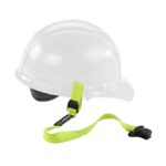 White hard hat with attached yellow Ergodyne lanyard featuring quick-release clip for loss prevention.