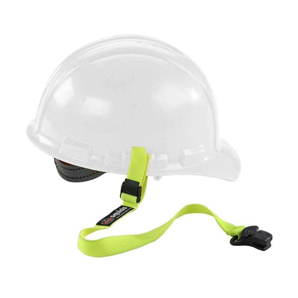 White hard hat with attached yellow Ergodyne lanyard featuring quick-release clip for loss prevention.