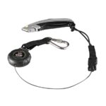 Ergodyne Squids retractable tool tether connected to safety knife with steel carabiner and extended cable for reach.