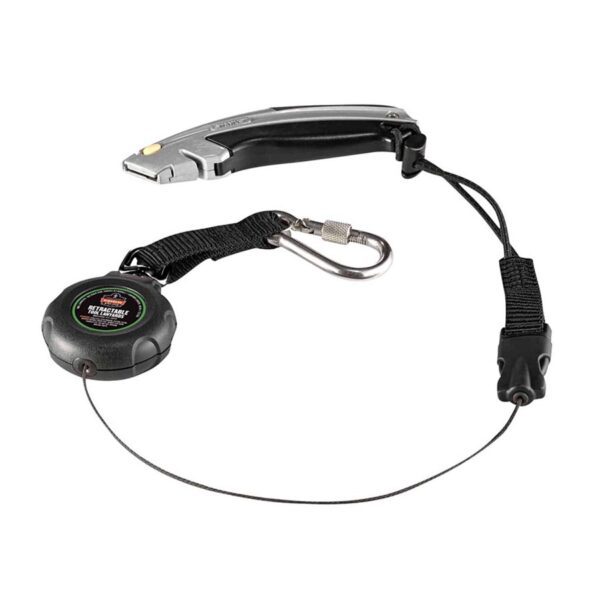 Ergodyne Squids retractable tool tether connected to safety knife with steel carabiner and extended cable for reach.