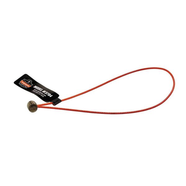 Ergodyne orange steel cable tool tether loop with label tag for dropped object prevention.
