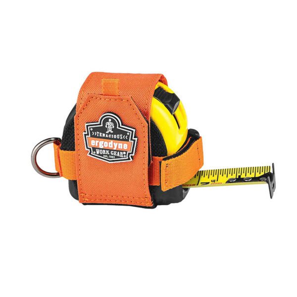 Ergodyne orange tape measure holster with black trim, D-ring attachment, and yellow tape measure inside.