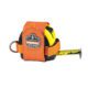 Ergodyne orange tape measure holster with black trim, D-ring attachment, and yellow tape measure inside.