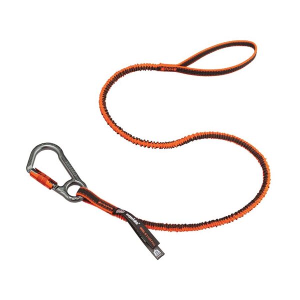 Ergodyne Squids orange and black stretch bungee tool lanyard with locking carabiner for drop prevention.