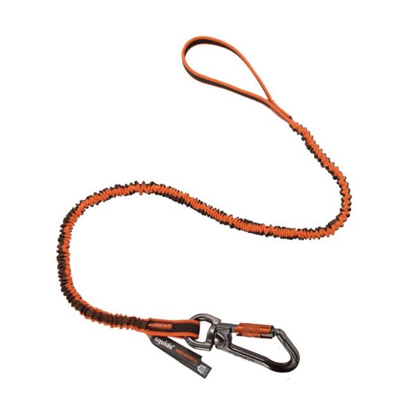 Ergodyne Squids orange and black shock-absorbing tool lanyard with loop and locking carabiner for safety at height.