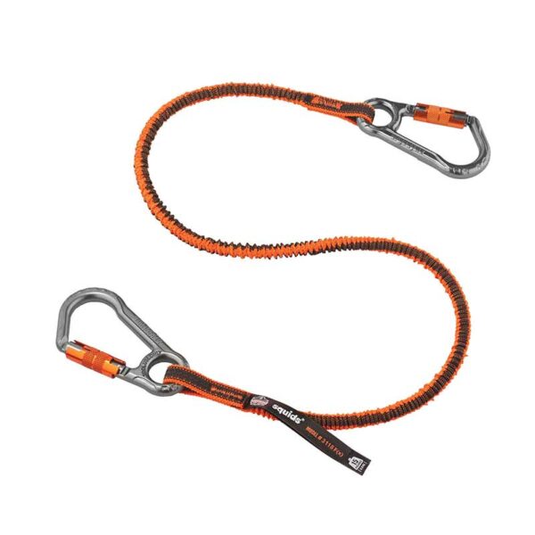 Ergodyne orange shock-absorbing bungee lanyard with dual locking carabiners for dropped tool safety.