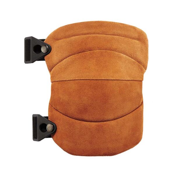 Ergodyne ProFlex 350 brown leather knee pad with contoured foam padding and non-marring cap for surface protection.