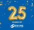 Blue and gold celebration graphic marking 25 years of Pryme Innovation, Safety, and Wellness.