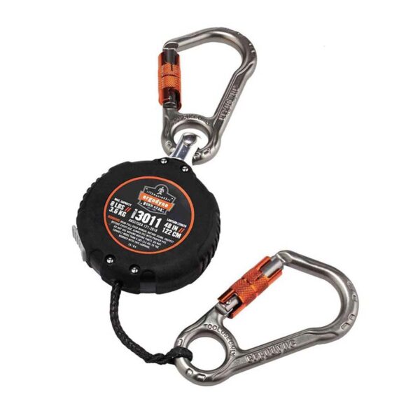 Ergodyne Squids 13011 retractable tool tether with dual locking carabiners for securing heavy tools up to 3.6kg.