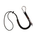 Ergodyne Squids black elastic tool lanyard with screw-gate carabiner and cinch loop for secure tool attachment.
