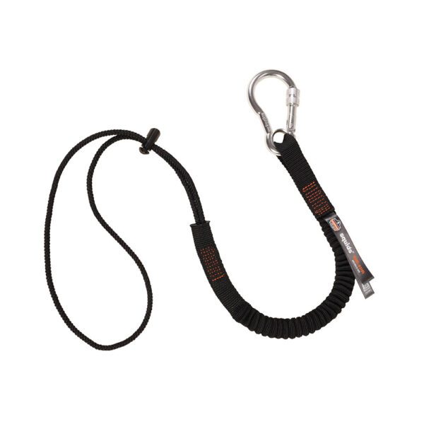 Ergodyne Squids black elastic tool lanyard with screw-gate carabiner and cinch loop for secure tool attachment.