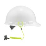 White hard hat with attached Ergodyne neon coil lanyard and black quick-release clamp for dropped PPE prevention.
