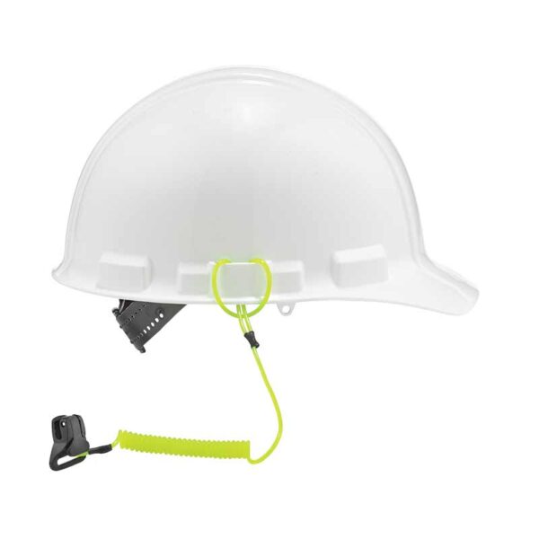 White hard hat with attached Ergodyne neon coil lanyard and black quick-release clamp for dropped PPE prevention.