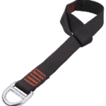 Ergodyne black polyester anchor strap with stitched webbing and metal D-ring for tethering heavy tools.