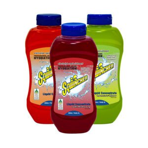 Sqwincher 500mL electrolyte liquid concentrate bottles in flavours like wild berry, orange, and lemon-lime.