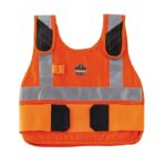 Ergodyne orange cooling vest with reflective strips and front closure for high-visibility workplace safety.