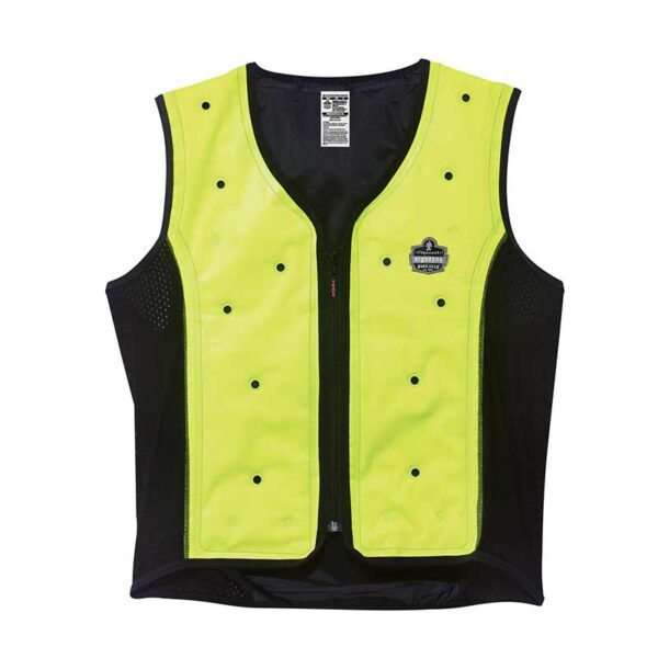 Ergodyne Chill-Its 6685 high-visibility yellow cooling vest with front zipper and mesh side panels.