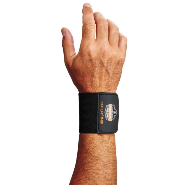 Ergodyne Proflex 400 black elastic wrist support with logo patch providing adjustable wrist compression.