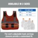 Ergodyne orange cooling vest size chart showing adjustable straps and hook-and-loop closures for custom fit.