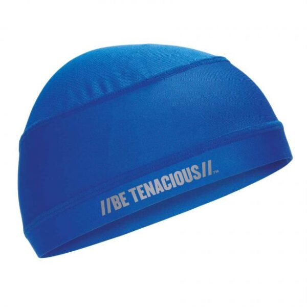 Blue Ergodyne Chill-Its skull cap with Be Tenacious logo, designed for comfort and cooling under helmets.