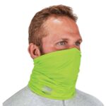 Worker wearing high-visibility green Ergodyne cooling neck gaiter for sun and dust protection.