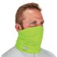 Worker wearing high-visibility green Ergodyne cooling neck gaiter for sun and dust protection.
