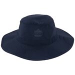 Front product image of Ergodyne navy blue cooling hat with wide brim and embroidered logo.