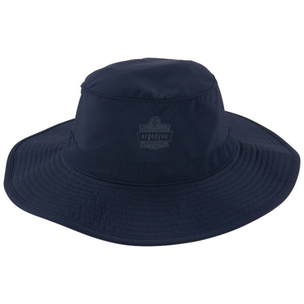 Front product image of Ergodyne navy blue cooling hat with wide brim and embroidered logo.