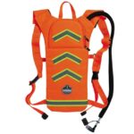 Front view of Ergodyne Chill-Its orange hydration pack with reflective accents and insulated hose.