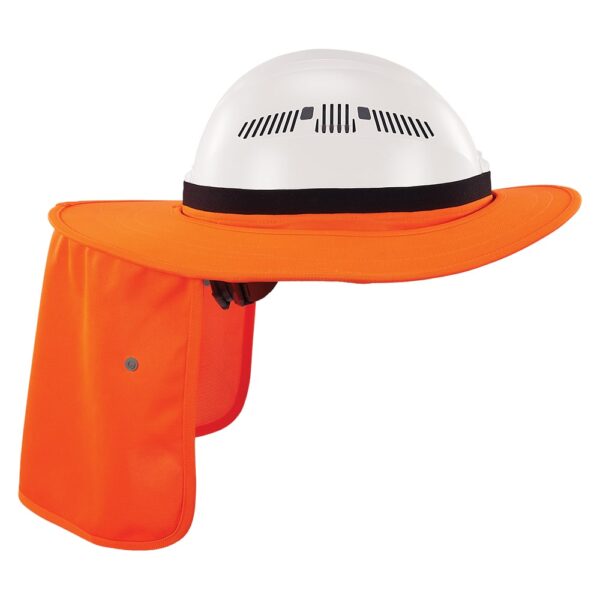 Side view of Ergodyne Chill-Its orange sun shade for hard hats with neck protection and wide brim.