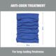 Blue Ergodyne Chill-Its cooling neck gaiter with dimensions and anti-odor fabric for lasting freshness.